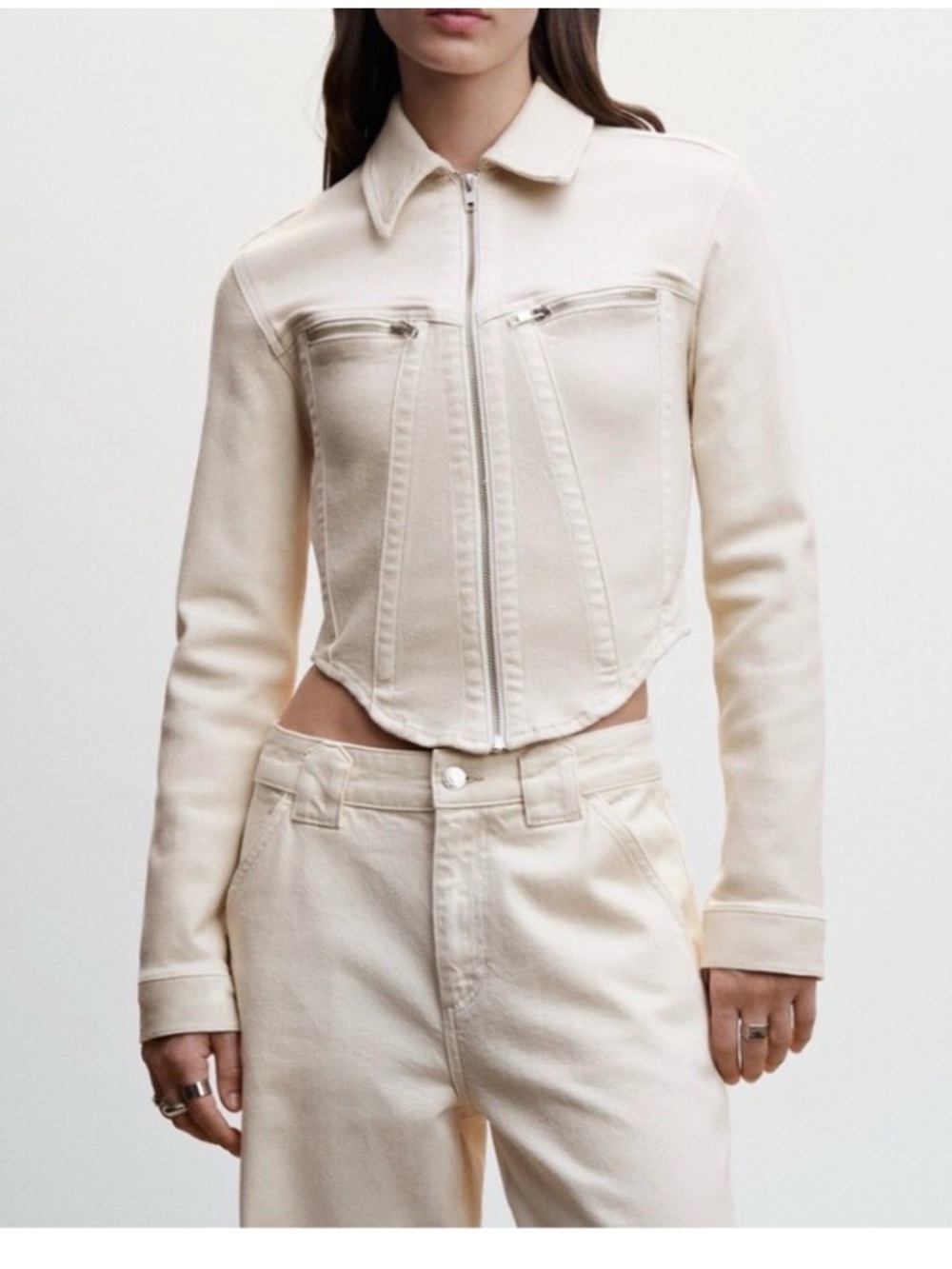 Mango Cream Denim Corset Jacket Zip Front Cropped Utility Top. Size Medium